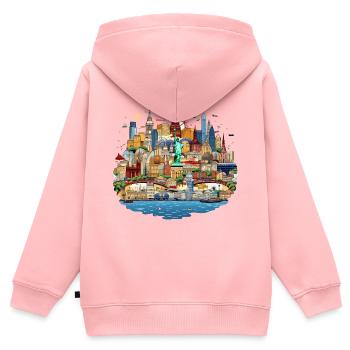 Cosmopolitan Skyline Collage - Sweat Premium à capuche zippé enfant bio - rose - Dos - AI Model Kid Female (0cm)