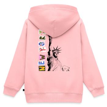 Alphabets du Nouveau Monde - Sweat Premium à capuche zippé enfant bio - rose - Dos - AI Model Kid Female (0cm)