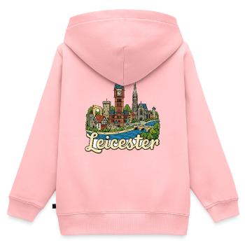Illustration vintage de l’hôtel de ville du château de Leicester - Sweat Premium à capuche zippé enfant bio - rose - Dos - AI Model Kid Female (0cm)