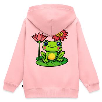 Grenouille entre les nénuphars en fleurs - Sweat Premium à capuche zippé enfant bio - rose - Dos - AI Model Kid Female (0cm)
