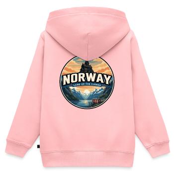 Insigne rétro de l’église en bois bénéficiant du fjord norvégien - Sweat Premium à capuche zippé enfant bio - rose - Dos - AI Model Kid Female (0cm)