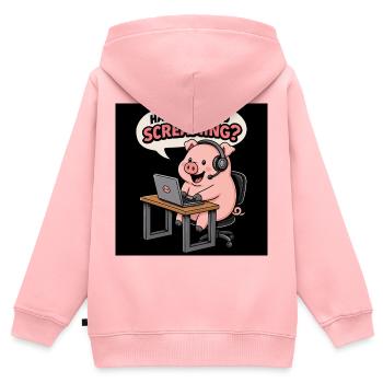 Cochon au bureau des casques - Sweat Premium à capuche zippé enfant bio - rose - Dos - AI Model Kid Female (0cm)