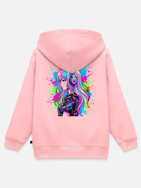 Neon Anime Kopfhörer Portrait - Kinder Premium Organic Zip Hoodie - Rosa