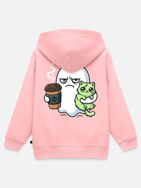 Halloween Kaffee Geist mit Zombie Katze - Kinder Premium Organic Zip Hoodie - Rosa