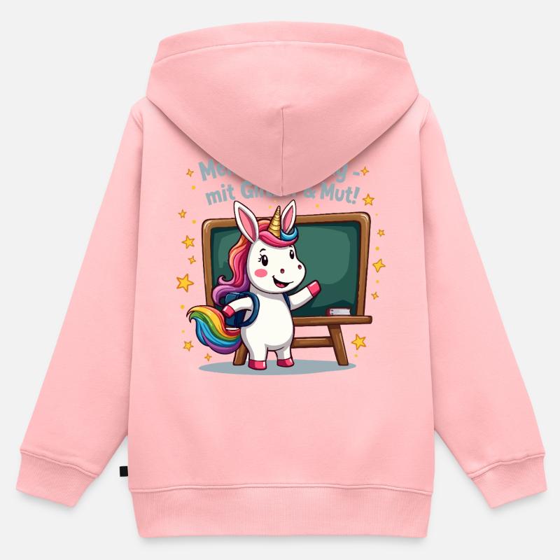 Licorne de l’école - 1ère année avec début de paillettes - Sweat Premium à capuche zippé enfant bio - rose