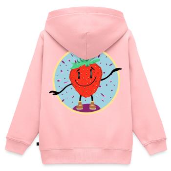 Fröhliche tanzende Erdbeere Cartoon  - Kinder Premium Organic Zip Hoodie - Rosa - Hinten - AI Model Kid Female (0cm)