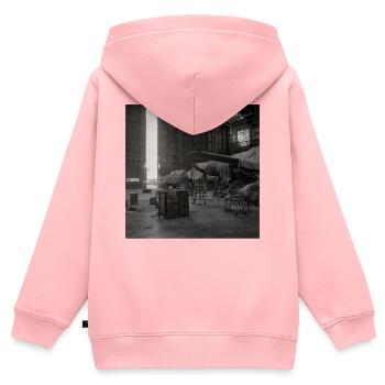 Photographie Noir dans un hangar d’avion vintage Animal - Sweat Premium à capuche zippé enfant bio - rose - Dos - AI Model Kid Female (0cm)