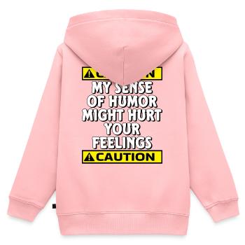 Vorsicht, mein Sinn für Humor könnte deine Gefühle verletzen - Kinder Premium Organic Zip Hoodie - Rosa - Hinten - AI Model Kid Female (0cm)