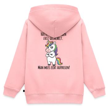 Fast gelächelt – Grummeliges Einhorn Morgenmuffel - Kinder Premium Organic Zip Hoodie - Rosa - Hinten - AI Model Kid Female (0cm)