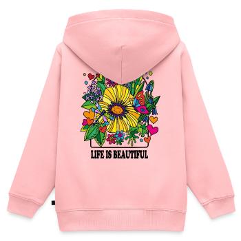La vie est magnifique, rétro flower power des années 70 - Sweat Premium à capuche zippé enfant bio - rose - Dos - AI Model Kid Female (0cm)
