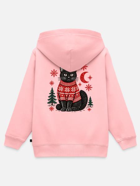 Weihnachtsschwarze Katze im gestrickten Pullover - Kinder Premium Organic Zip Hoodie - Rosa