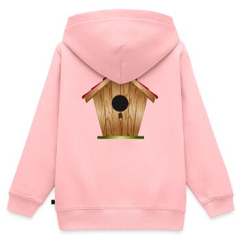 belle mangeoire à oiseaux en bois avec toit en pente - Sweat Premium à capuche zippé enfant bio - rose - Dos - AI Model Kid Female (0cm)