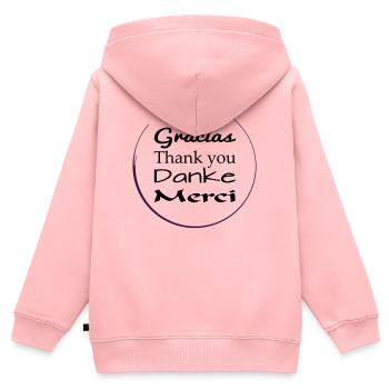 Nous disons merci, gracias, merci - Sweat Premium à capuche zippé enfant bio - rose - Dos - AI Model Kid Female (0cm)