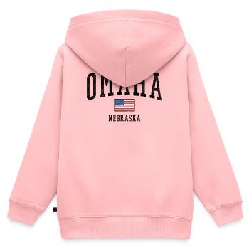 Motif Omaha, Nebraska USA avec drapeau - Sweat Premium à capuche zippé enfant bio - rose - Dos - AI Model Kid Female (0cm)
