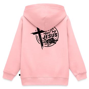 Lass mich dir von meinem Jesus-Kreuz erzählen - Kinder Premium Organic Zip Hoodie - Rosa - Hinten - AI Model Kid Female (0cm)