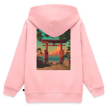 Torii Tor bei Sonnenuntergang am Ufer - Kinder Premium Organic Zip Hoodie - Rosa - Hinten - AI Model Kid Female (0cm)