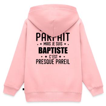 Baptiste : authentique, imparfait, top, perfection - Sweat Premium à capuche zippé enfant bio - rose - Dos - AI Model Kid Female (0cm)