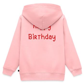 Message d'Anniversaire Joyeux en Style Ludique - Sweat Premium à capuche zippé enfant bio - rose - Dos - AI Model Kid Female (0cm)
