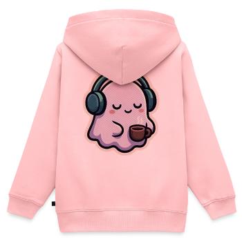 Fantôme détendu avec écouteurs et café - Sweat Premium à capuche zippé enfant bio - rose - Dos - AI Model Kid Female (0cm)