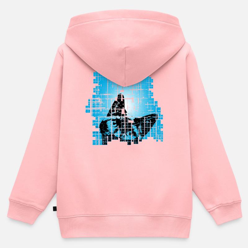 Chat en Pixel Grid Bleu - Sweat Premium à capuche zippé enfant bio - rose