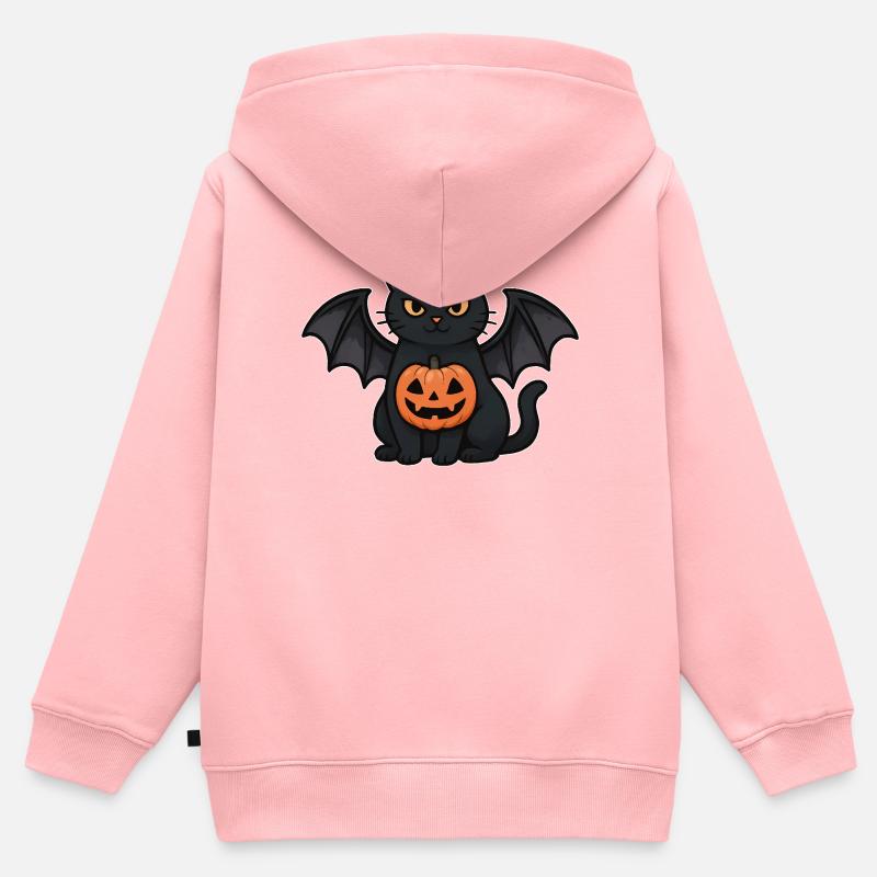 Chat chauve-souris d’Halloween avec citrouille - Sweat Premium à capuche zippé enfant bio - rose