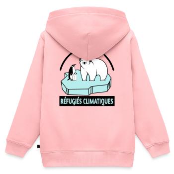 Réfugiés climatiques - Sweat Premium à capuche zippé enfant bio - rose - Dos - AI Model Kid Female (0cm)