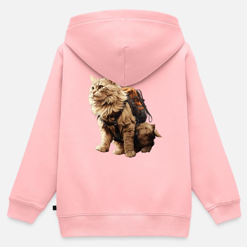 Chat d’aventure avec sac à dos - Sweat Premium à capuche zippé enfant bio - rose