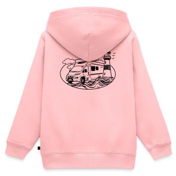 Camping-car au bord de la mer - Sweat Premium à capuche zippé enfant bio - rose - Dos - AI Model Kid Female (0cm)