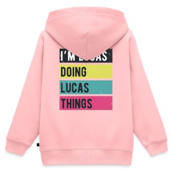 Je suis Lucas qui fait des couleurs rétro de Lucas Things - Sweat Premium à capuche zippé enfant bio - rose - Dos - AI Model Kid Female (0cm)
