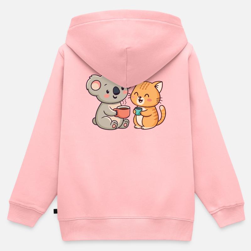 Amitié Café Koala et Chat - Sweat Premium à capuche zippé enfant bio - rose