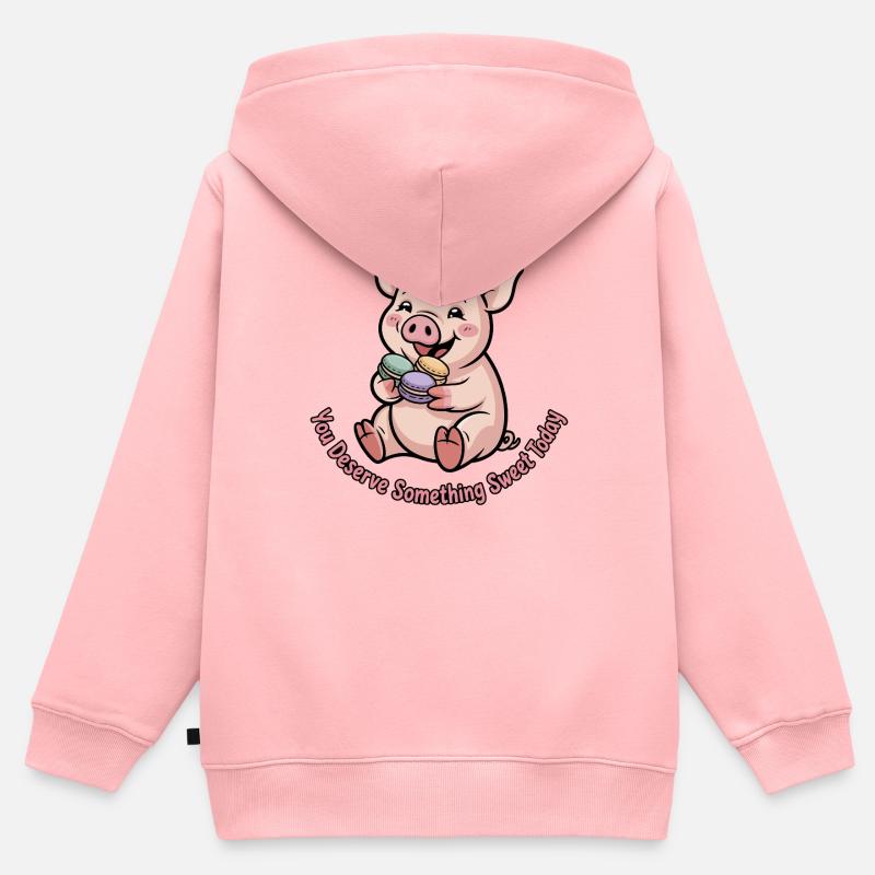 Petit cochon sucré avec du macaron - Sweat Premium à capuche zippé enfant bio - rose