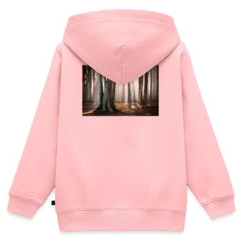 Waldlicht: Sonnenstrahlen im Nebelwald - Kinder Premium Organic Zip Hoodie - Rosa - Hinten - AI Model Kid Female (0cm)