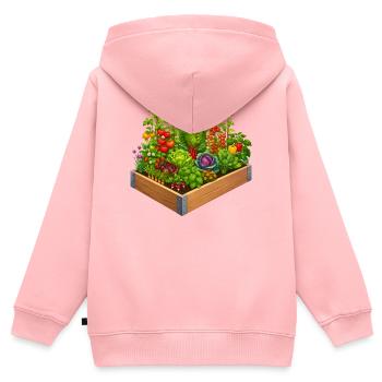 Jardin potager coloré en massifs surélevés Design nature - Sweat Premium à capuche zippé enfant bio - rose - Dos - AI Model Kid Female (0cm)