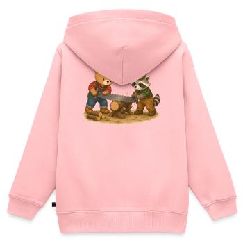 Ours et ratons laveurs sciant du bois, travaux forestiers, animaux - Sweat Premium à capuche zippé enfant bio - rose - Dos - AI Model Kid Female (0cm)
