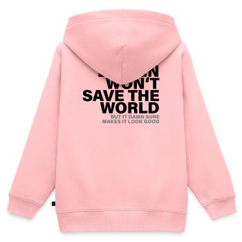 Chemise de créateur Design Will Not Save The World - Sweat Premium à capuche zippé enfant bio - rose - Dos - AI Model Kid Female (0cm)