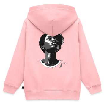 Vue en noir et blanc vers le haut - Sweat Premium à capuche zippé enfant bio - rose - Dos - AI Model Kid Female (0cm)