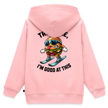 Vacances de ski avec des burgers en train de manger des comics - Sweat Premium à capuche zippé enfant bio - rose - Dos - AI Model Kid Female (0cm)