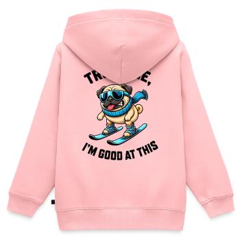 Skieur Carlin, Bande dessinée, Vacances drôles de sports d’hiver - Sweat Premium à capuche zippé enfant bio - rose - Dos - AI Model Kid Female (0cm)