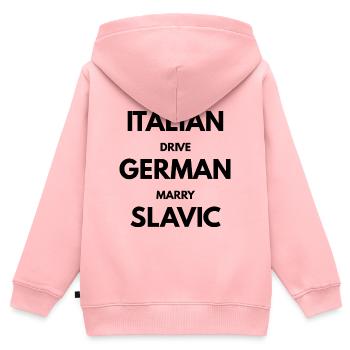 EAT_ITALIAN_DRIVE_GERMAN_MARRY_SLAVIC - Sweat Premium à capuche zippé enfant bio - rose - Dos - AI Model Kid Female (0cm)
