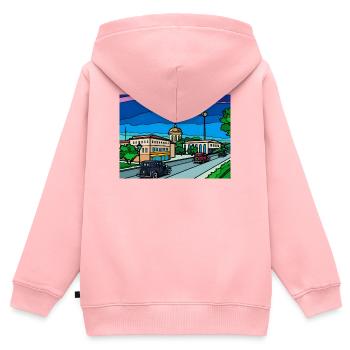 Scène rétro de rue urbaine - Sweat Premium à capuche zippé enfant bio - rose - Dos - AI Model Kid Female (0cm)