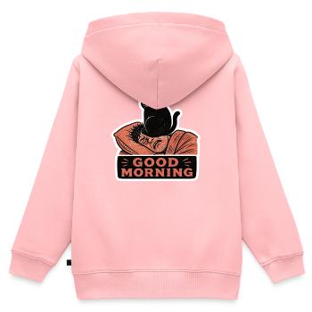 Linoleumschnitt Schwarze Katze sitzt auf dem Gesicht am Morgen - Kinder Premium Organic Zip Hoodie - Rosa - Hinten - AI Model Kid Female (0cm)