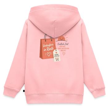 Verkäuferin in Rente – Aufgehende Sonne & Tasche - Kinder Premium Organic Zip Hoodie - Rosa - Hinten - AI Model Kid Female (0cm)