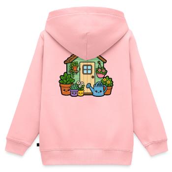 Kleines Gartenhäuschen mit Pflanzen - Kinder Premium Organic Zip Hoodie - Rosa - Hinten - AI Model Kid Female (0cm)