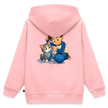 Junge befreit Katze sanft aus blauem Wollknäuel - Kinder Premium Organic Zip Hoodie - Rosa - Hinten - AI Model Kid Female (0cm)