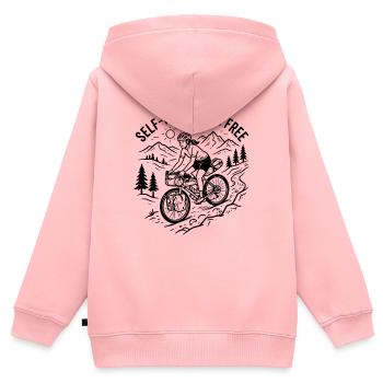 Bikepacking Woman Linocut Kunstdruck - Kinder Premium Organic Zip Hoodie - Rosa - Hinten - AI Model Kid Female (0cm)