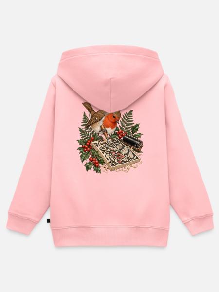 Rotkehlchen beim botanischen Linolschnitt - Kinder Premium Organic Zip Hoodie - Rosa