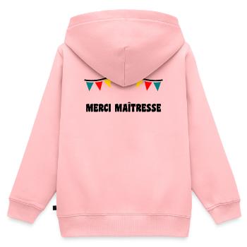 MAÎTRESSE. MAITRE. MERCI. MERCI MAÎTRESSE - Sweat Premium à capuche zippé enfant bio - rose - Dos - AI Model Kid Female (0cm)