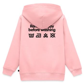 Remove baby before washing 2 - Sweat Premium à capuche zippé enfant bio - rose - Dos - AI Model Kid Female (0cm)