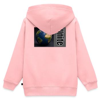 Unité de la Boule Mondiale en Mouvement - Sweat Premium à capuche zippé enfant bio - rose - Dos - AI Model Kid Female (0cm)