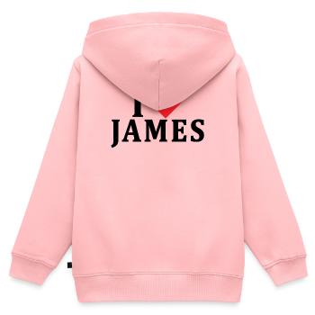 t-shirt J’aime James idée cadeau t-shirt - Sweat Premium à capuche zippé enfant bio - rose - Dos - AI Model Kid Female (0cm)